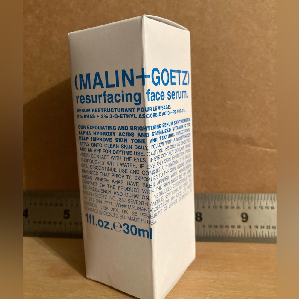 Malin + Goetz resurfacing face serum. Aha, 3.0 ethyl, ascorbic Acid